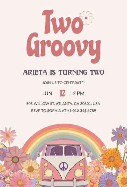 Groovy Rainbow Themed 2nd Birthday Invitation Template With Retro Vibes And Colorful Designs