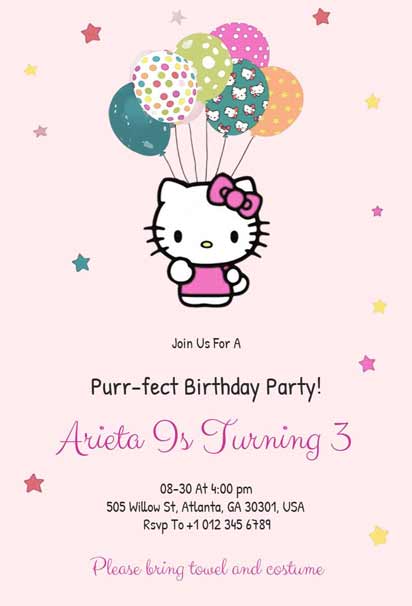 Hello Kitty Inspired 3rd Birthday Party Invitation Template with Cute and Playful Design