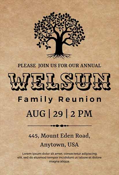 Vintage Family Reunion Design Featuring a Heritage Tree Illustration and Classic Decorative Elements