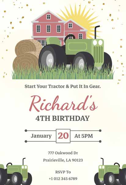 Illustration Tractor 4th Farm Birthday Invitation Template, featuring a playful tractor design