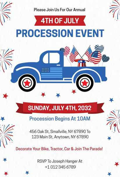 Illustrative Car 4th of July Invitation Design with Vintage Vehicle and Festive American Flag Elements