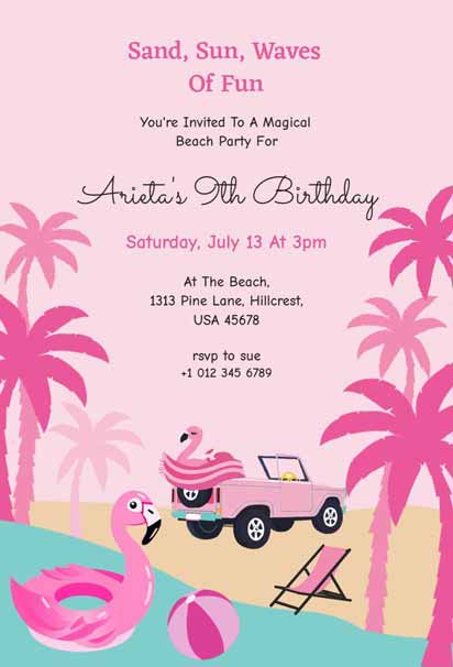 Illustrative Flamingo 9th Birthday Beach Party Invitation Template, ideal for a fun and vibrant beach party