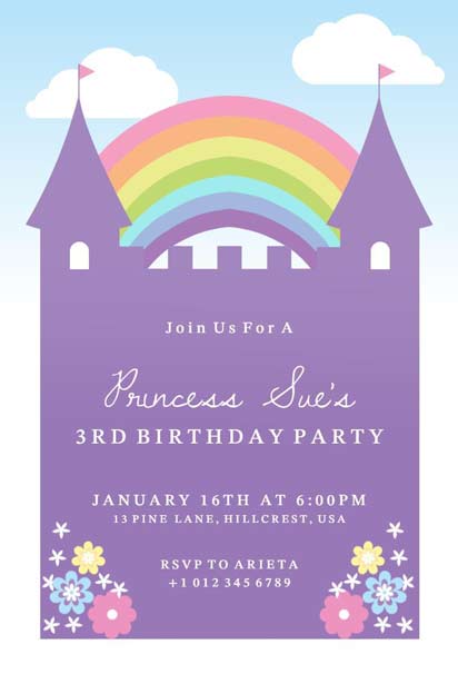 Illustrative 3rd Rainbow  Birthday Party Invitation Template Featuring Colorful Design and Princess Theme