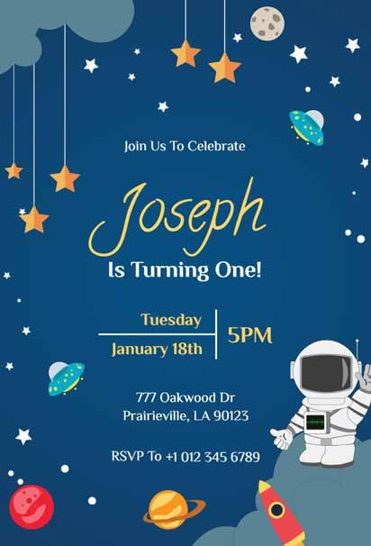 Illustrative Space 1st Birthday Invitation Template with fun space-themed designs