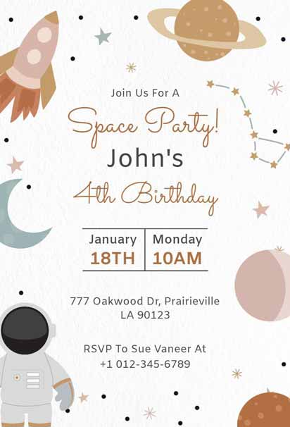 
Illustrative Spaceman 4th Birthday Party Invitation Template featuring a playful spaceman design
