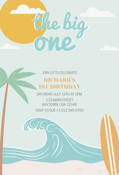 Illustrative Surf 1st Beach Birthday Invitation Template, ideal for a fun