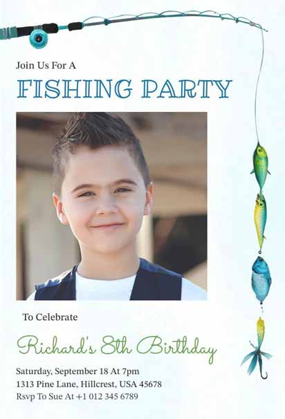 Kids Fishing Party 8th Birthday Invitation Template with a Fun Outdoor Theme