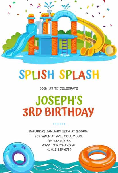 Kids Water Park 3rd Birthday Celebration Invitation Template with Splashy Theme