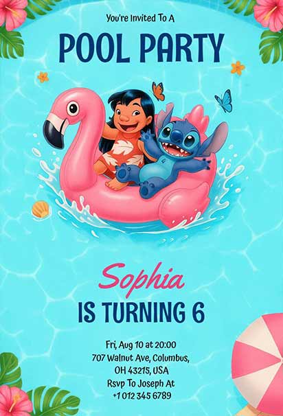 Lilo And Stitch Tropical Pool Party Invitation with Vibrant Summer Colors and Fun Hawaiian Elements