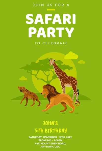 Lima Jungle Safari Birthday Invitation with Vibrant Green Background and Cute Wildlife Illustrations