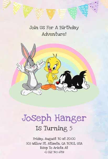 Looney Tunes Cartoon Character Kids Rainbow Birthday Party Invitation Template Featuring Colorful and Fun Design