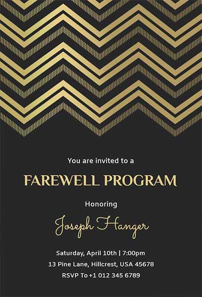 Stylish Farewell Party Design With Luxe Black Background, Gold Zigzag Patterns, and Glamorous Accents
