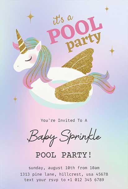 Magical Unicorn Baby Sprinkle Pool Party Invitation with Whimsical Pastel and Fantasy Theme