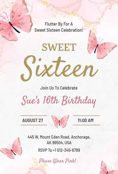 Marble Butterfly Sweet Sixteen Birthday Invitation Template with Elegant Swirl Design