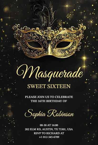 Masquerade Themed Sweet Sixteen Golden Birthday Invitation Template