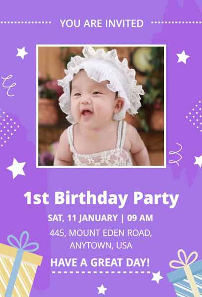 Medium Black and White 1st Purple Birthday Invitation Template for a Stylish Celebration