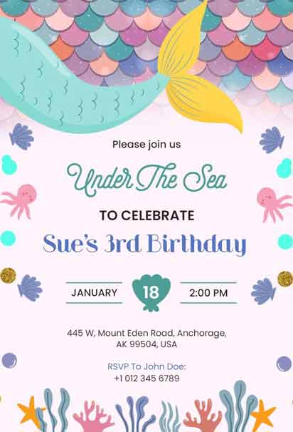 Mermaid 3rd Birthday Invitation with a Whimsical and Ocean-Themed Design