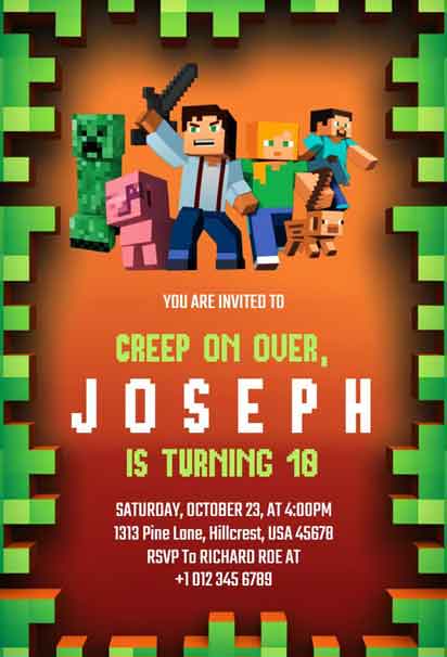 Minecraft-Themed 10th Birthday Party Invitation Template, featuring iconic blocky graphics