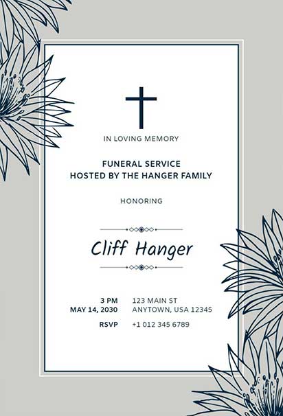Simple Funeral Service Invitation Design With Grey Tones and Subtle Floral Illustrations