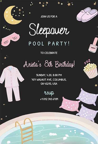 Moonlit Sleepover Pool Party Invitation with Starry Night Sky and Cozy Poolside Ambiance