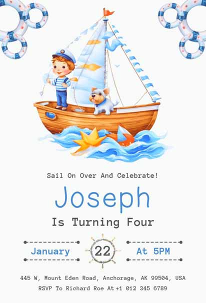 Nautical-Themed 4th Birthday Invitation Template Featuring Anchors, Ships, and Marine Elements