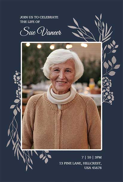 Refined Funeral Invitation Design With a Navy Background and Elegant Floral Frame Accents