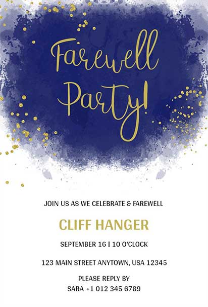 Stylish Farewell Party Design With Navy Blue and Gold Watercolor Accents 
