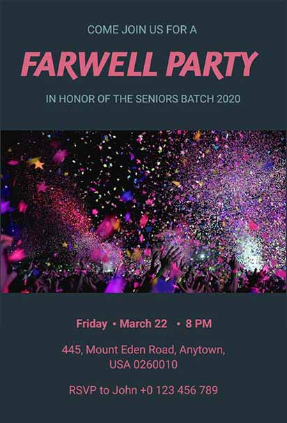 Vibrant Farewell Invitation Design With Neon Colors, Confetti Accents, and a Fun Party Night Theme