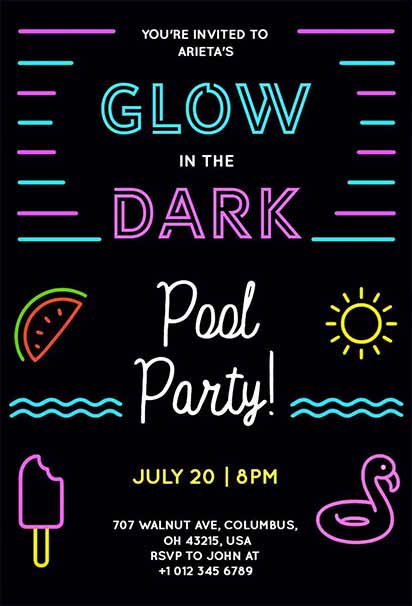 Bold Pool Party Design Featuring Neon Glow Elements, Dark Background, and Vibrant Tropical Accents