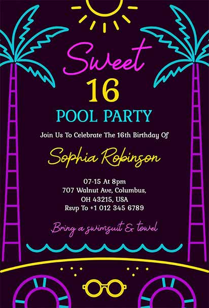 Vibrant Sweet 16 Pool Party Design With Neon Glow Elements, Tropical Accents, and Bright Colors