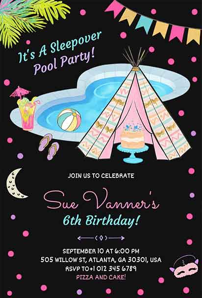 Cozy Sleepover Pool Party Design Featuring Night Sky, String Lights, and Playful Water Elements