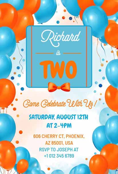 Orange and Blue Themed 2nd Birthday Invitation Template featuring vibrant colors and playful design