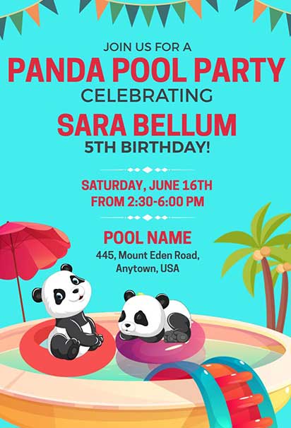 Cute Panda Pool Party Birthday Invitation with Playful Animals and Bright Tropical Colors