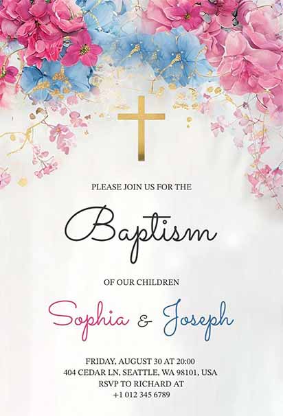 Pastel Pink and Blue Floral Baptism Invitation with Elegant Gold Accents and Soft Watercolor Flower Design