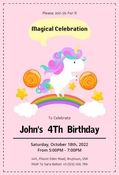 Pastel Unicorn Pink Invitation Template featuring whimsical unicorn design and soft pastel colors