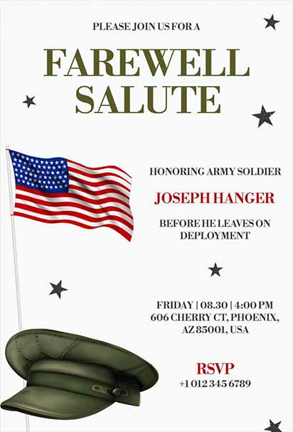 Honorable Farewell Party Design Featuring Patriotic Colors, Military Symbols, and a Respectful Theme