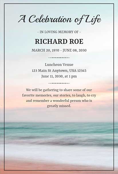 Tranquil Celebration of Life Invitation Design Featuring Ocean Waves and a Calm, Soothing Palette