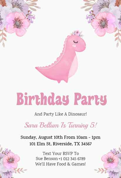 Pink Flower and Dinosaur-Themed Birthday Party Invitation with a Cute and Whimsical Design