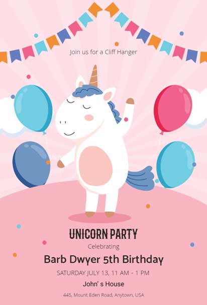 Pippin and Pink Unicorn Birthday Party Invitation Template featuring a whimsical design