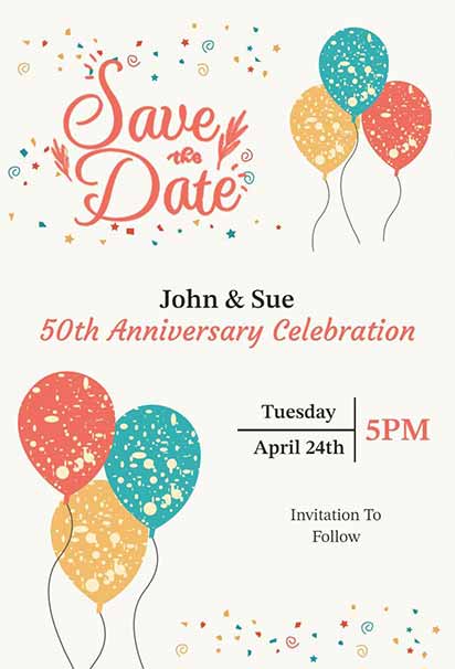 Playful 50th Anniversary Save the Date Design With Colorful Balloons and Cheerful Festive Elements