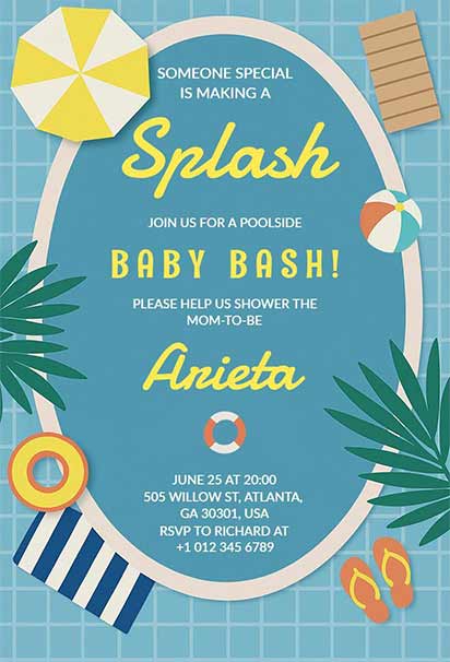 Charming Poolside Baby Shower Design With Tropical Leaves, Balloons, and Soft Festive Colors