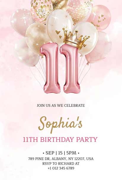 Elegant Princess-Themed 11th Birthday Party Celebration Balloon Invitation Template for a Magical Event