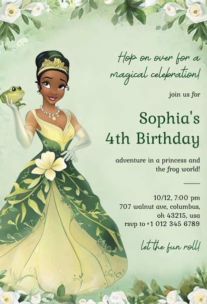 Princess and Frog Birthday Party Invitation Template featuring vibrant, enchanting visuals of the iconic characters
