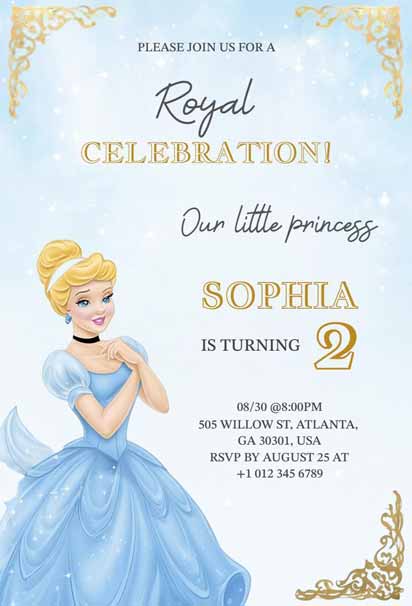 Princess Cinderella-Themed 2nd Birthday Celebration Invitation Template with elegant design