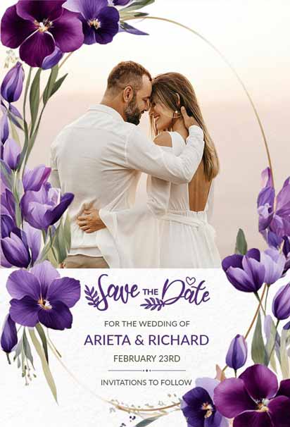 Purple Floral Wedding Photo Save the Date Card with a Romantic and Elegant Design