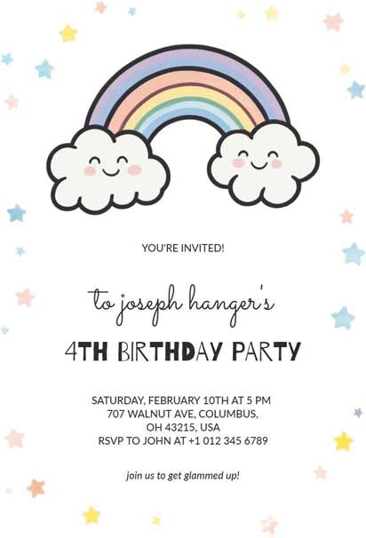 Colorful Rainbow-Themed 4th Birthday Invitation Template for Kids with Bright Design Elements