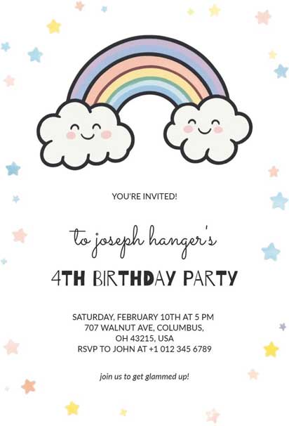 Kids 4th Rainbow Theme Birthday Party Invitation Template Featuring Bright Colors And Fun Design Elements