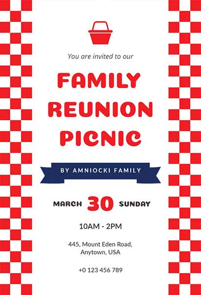 Classic Family Reunion Design With a Red Checkerboard Picnic Theme and Outdoor Gathering Vibes