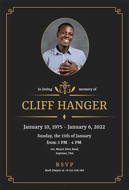 Majestic Funeral Invitation Design With a Regal Black and Gold Color Scheme