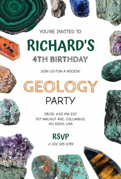 Rock-Themed Geology 4th Birthday Invitation Template with Stones, Fossils, and Earthy Elements